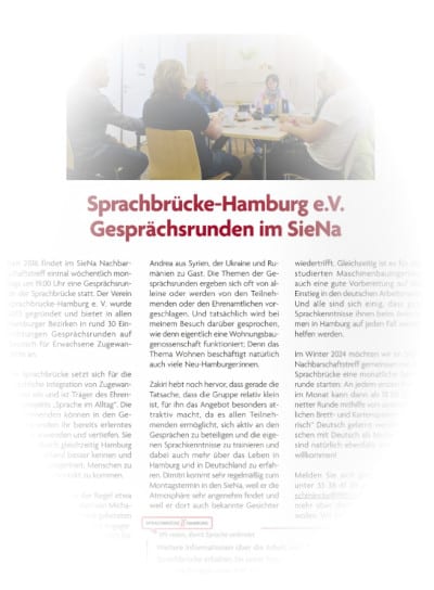 Screenshot vom Artikel über die Gesprächsrunde im SieNa-Nachbarschaftstreff, erschienen im Genossenschaftsmagazin „bei uns“