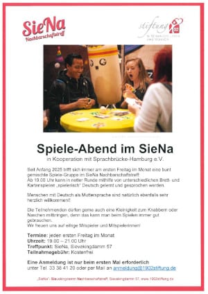 Flyer für den Spieleabend im SieNa an jedem 1. Freitag im Monat
